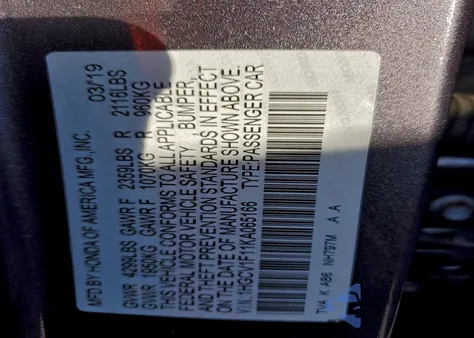 2019 Honda Accord Lx из США, поврежденный, VIN 1HGCV1F11KA065166